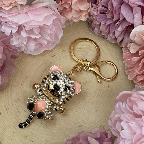 Peach and Silver Crystal Gold Tiger Keychain Charm - Picture 3 of 9